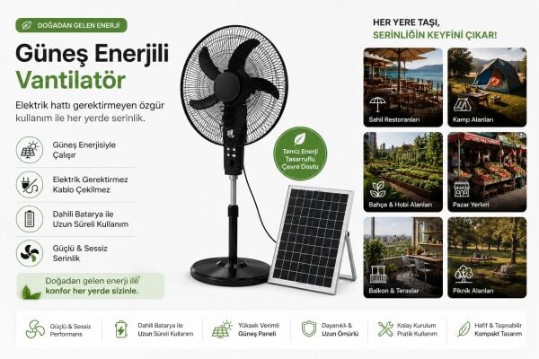 16 İnç Güneş Enerjili Vantilatör / Solar Panelli Şarjlı Fan