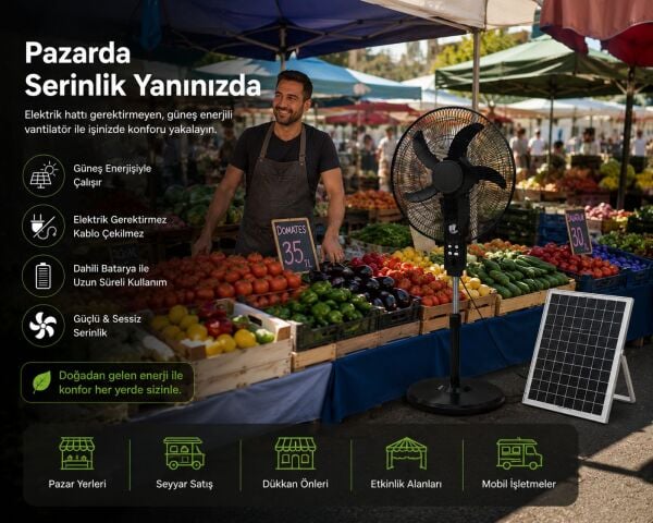 16 İnç Güneş Enerjili Vantilatör / Solar Panelli Şarjlı Fan