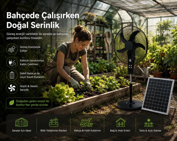 16 İnç Güneş Enerjili Vantilatör / Solar Panelli Şarjlı Fan