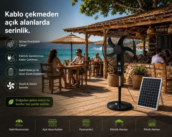 16 İnç Güneş Enerjili Vantilatör / Solar Panelli Şarjlı Fan